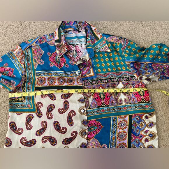ZARA Patchwork scarf Print Satin Effect Shirt buttondown blouse boho 70’s Sz M - Picture 8 of 11